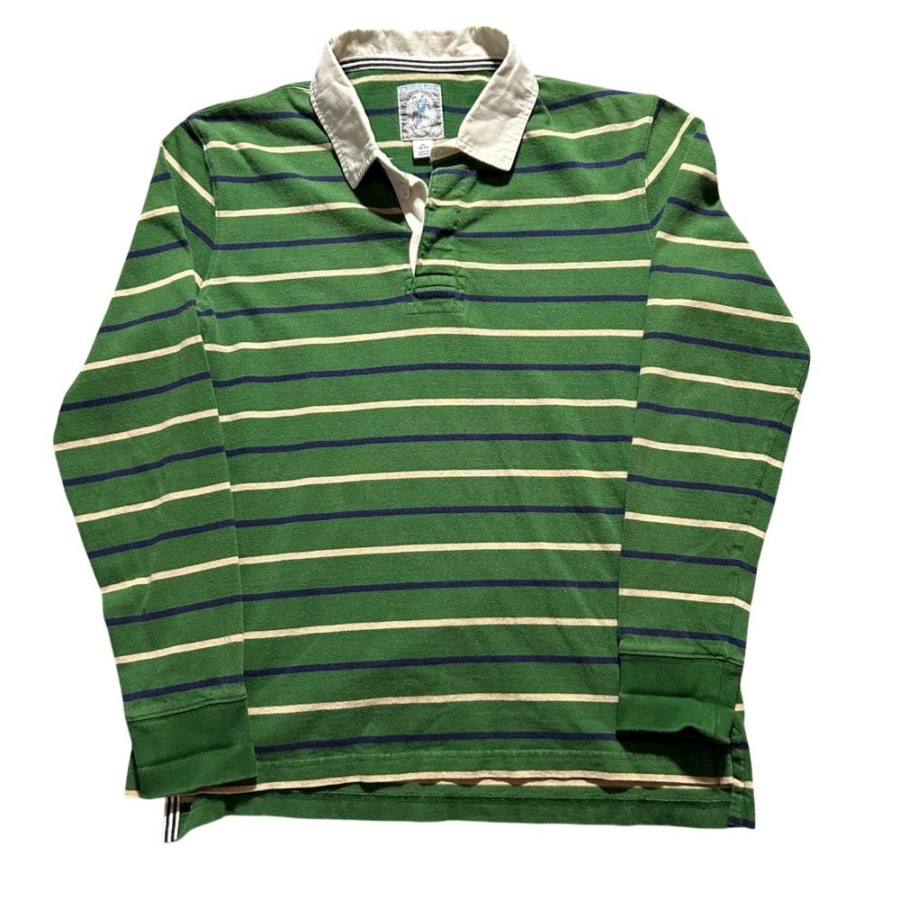 VTG Lands End Rugby Shirt Mens M Green Striped Long Sleeve Contrast Collar - Picture 1 of 9